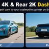 A blue sports car is shown in a side profile, demonstrating the front 4K and rear 2K dash cam features.