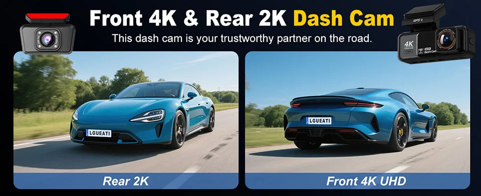 A blue sports car is shown in a side profile, demonstrating the front 4K and rear 2K dash cam features.