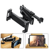 Black universal rotating car headrest mount for phones and tablets shown in use.