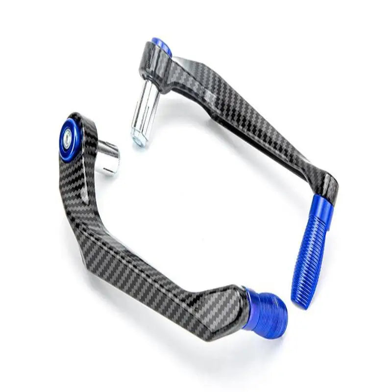 A black carbon fiber motorcycle hand guard and lever protector with blue accents.