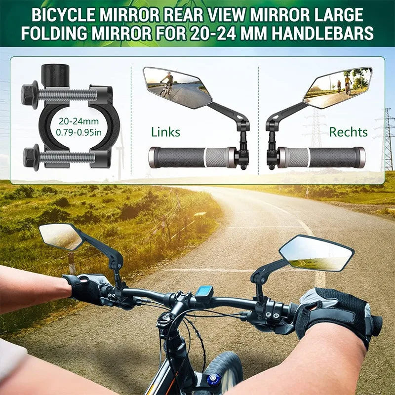 A bicycle mirror with folding links and rechts for 20-24mm handlebars is shown mounted on a bike.