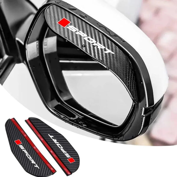 A set of black and red sports rain deflectors for a car side mirror.