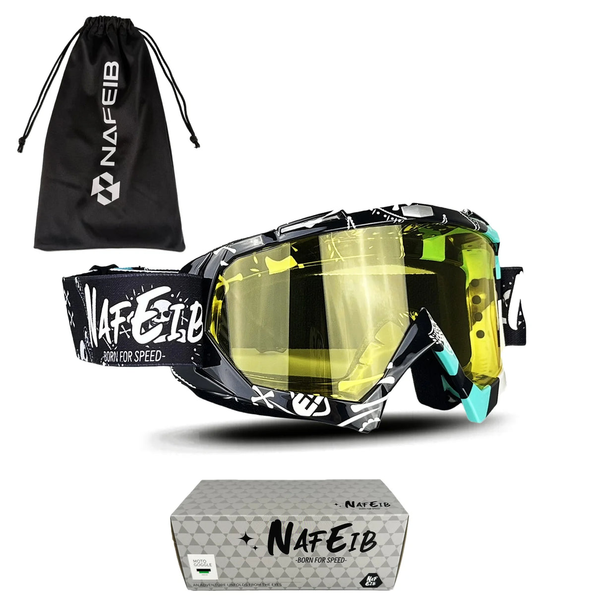 A pair of multi-color noseless motorcycle goggles and a black storage bag are shown.
