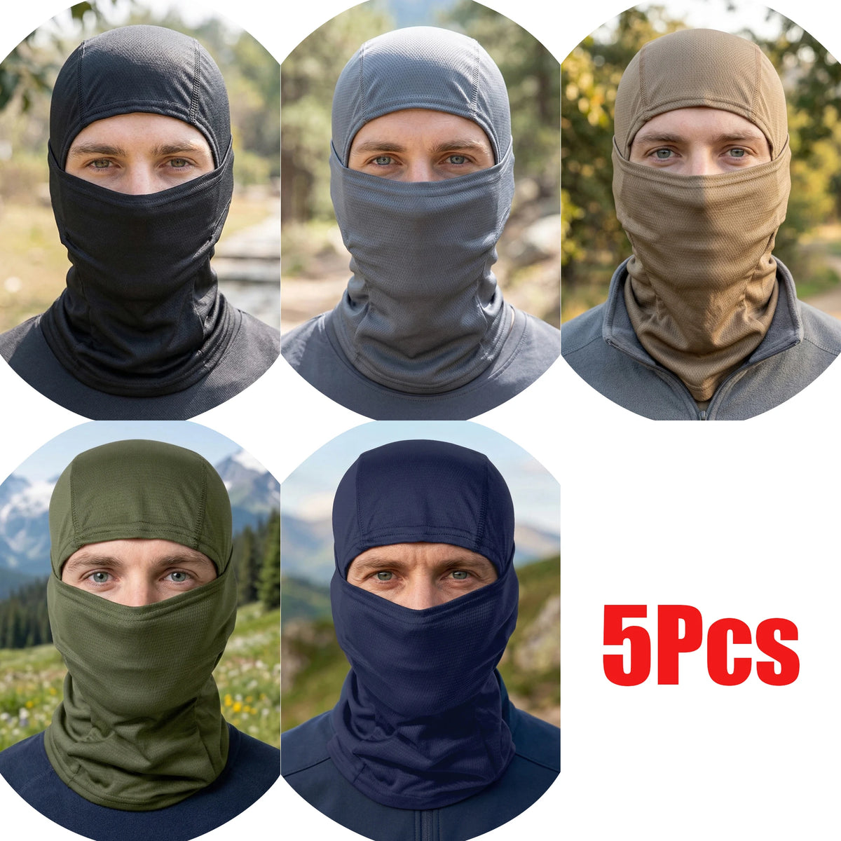 Five variations of a multi-functional stretchy balaclava cap worn by men in outdoor settings.