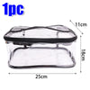 A clear PVC storage pouch with a black zipper, measuring 11cm x 25cm x 18cm.