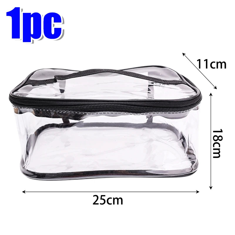 A clear PVC storage pouch with a black zipper, measuring 11cm x 25cm x 18cm.