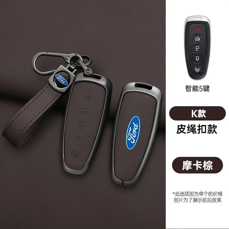 A set of black leather car key covers and a remote control for a Ford vehicle