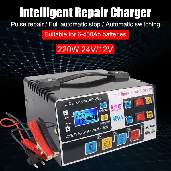 Cargador de reparación inteligente con pantalla LCD LED y varios puertos de salida para baterías de 6-400Ah.