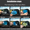 Installation steps showing the process of applying a clear anti-fog and rainproof film to a car mirror.