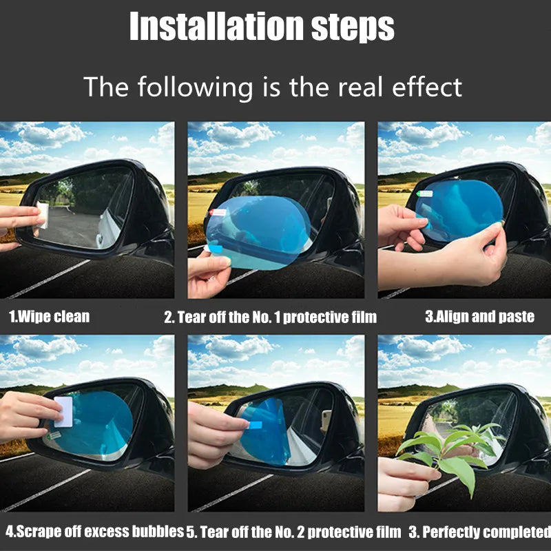 Installation steps showing the process of applying a clear anti-fog and rainproof film to a car mirror.