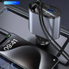 A silver retractable car charger with two USB ports is shown next to a smartphone.