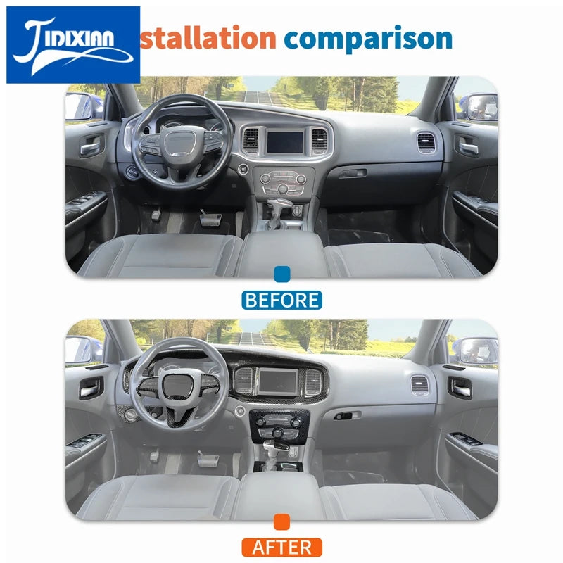 Comparison of a Dodge Charger interior before and after installation of a carbon fiber decoration kit.
