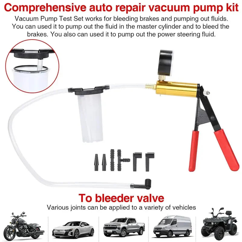 A comprehensive auto repair vacuum pump kit with various joints and a test set for bleeding brakes and pumping fluids.