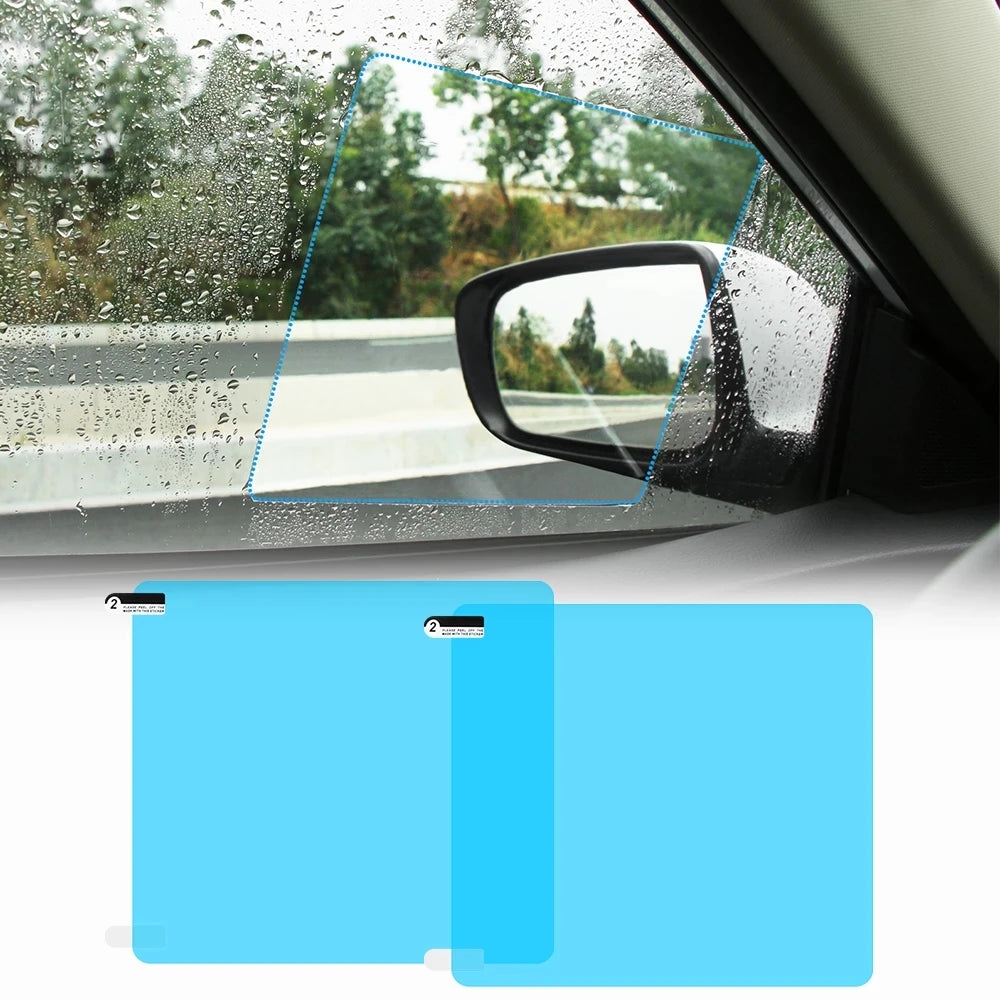 A close-up view of a car window with blue lines indicating anti-fog and rainproof film protection on the mirror.