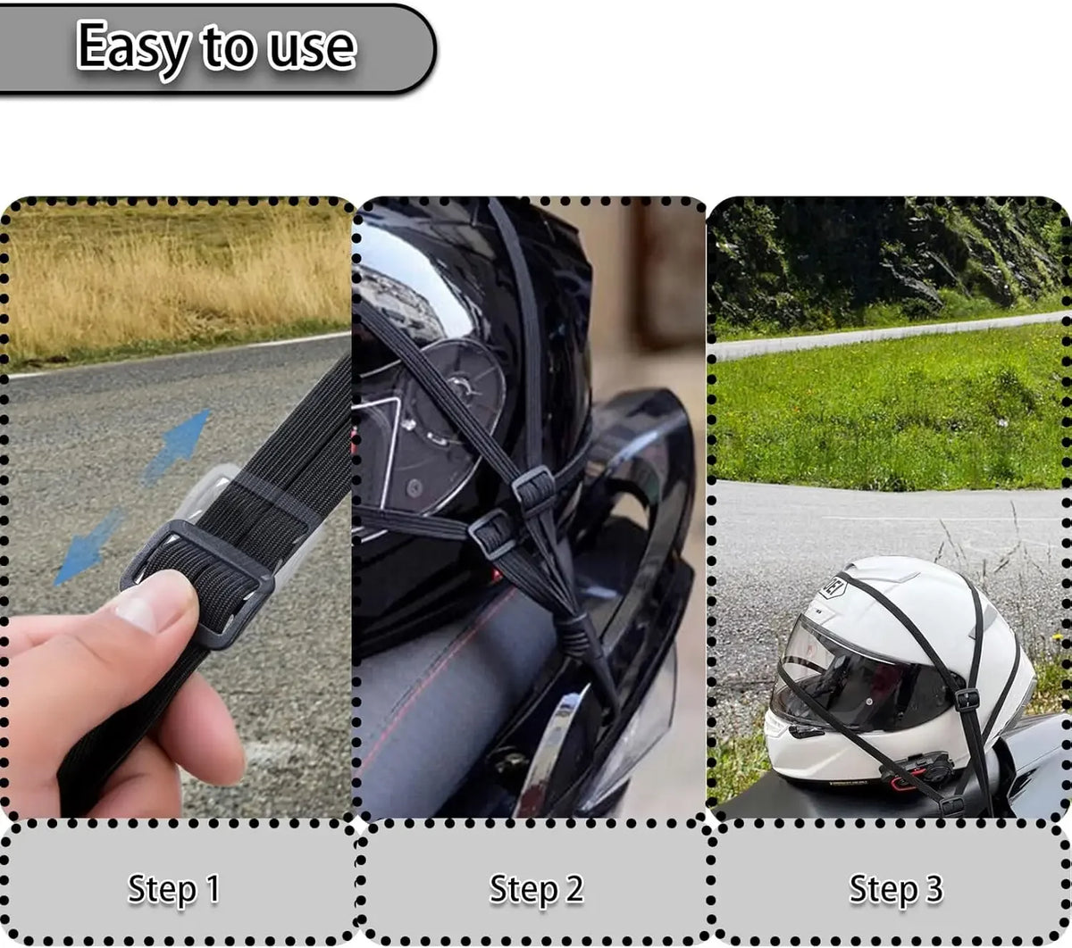 Trois étapes montrant comment utiliser le casque de moto rétractable et les sangles de bagage pour fixer l'équipement.