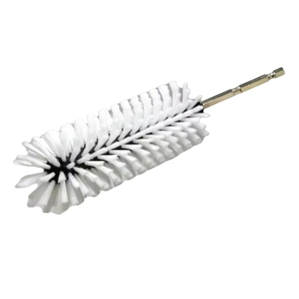 A white multipurpose drill brush with bristles attached to a metal handle.