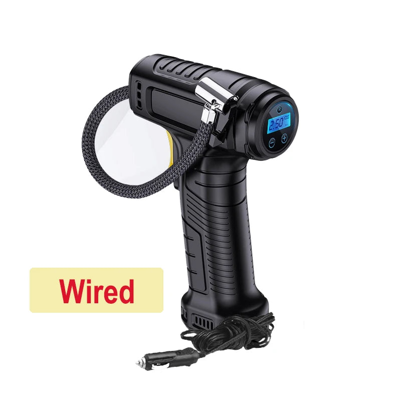 A black portable digital tire air pump with a clear lens and a coiled wire cable.