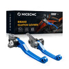 Set of precision aluminum brake and clutch levers for off-road bikes shown next to its packaging.