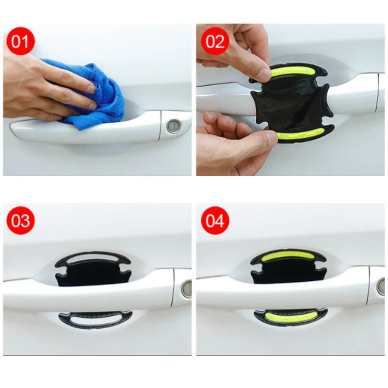 Step-by-step guide showing the installation of reflective stickers on a car door handle.