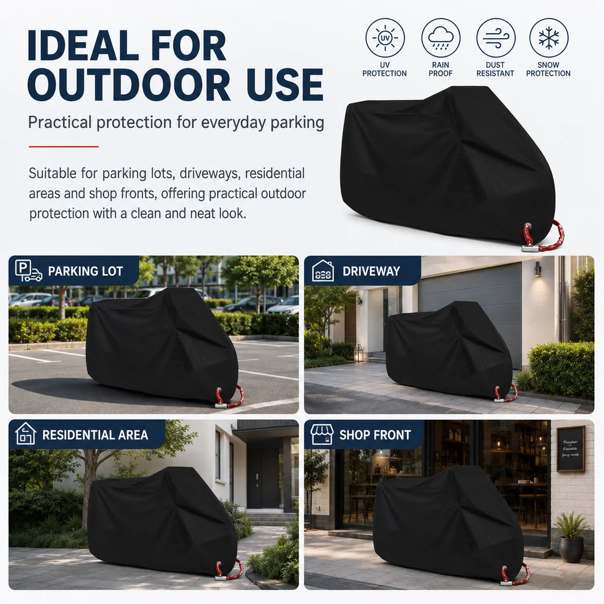 Cubierta impermeable universal negra para motocicleta y scooter, mostrada en varios entornos al aire libre.
