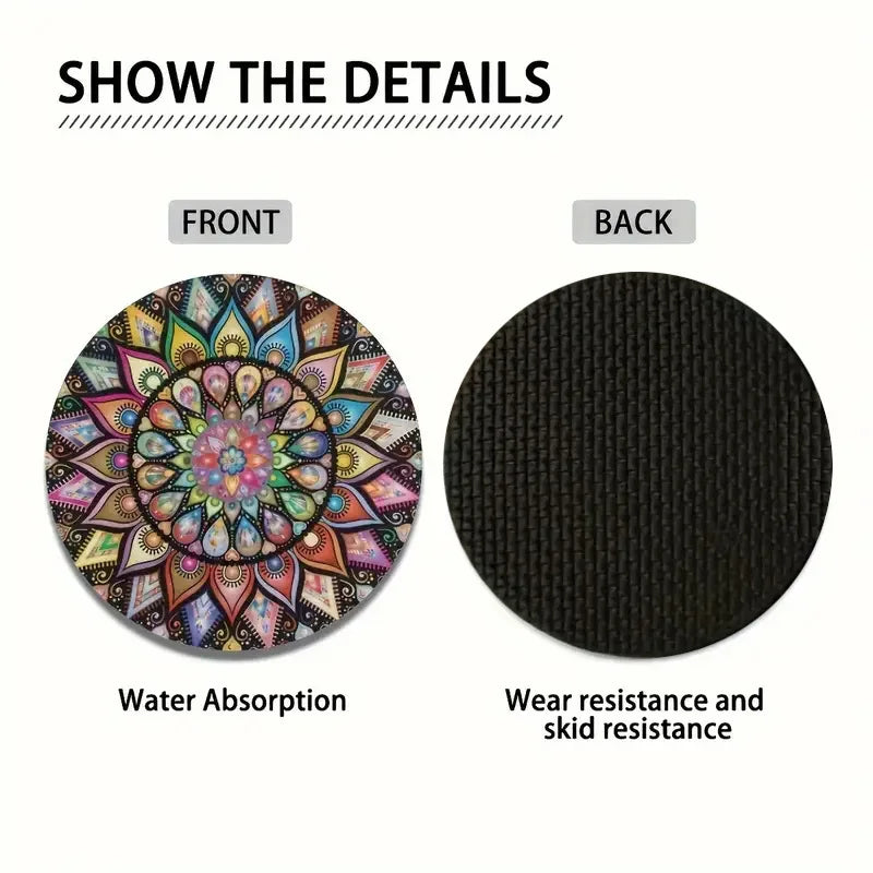 Front and back views of a mandala silicone coaster set showing water absorption and wear resistance