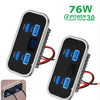 A black portable charger panel with multiple USB ports and a display, showing 76W Power 3.0 Quick Charge capability.