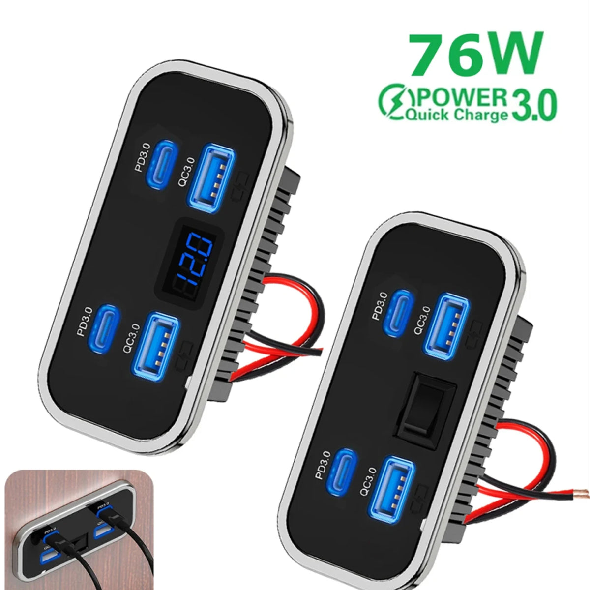 A black portable charger panel with multiple USB ports and a display, showing 76W Power 3.0 Quick Charge capability.