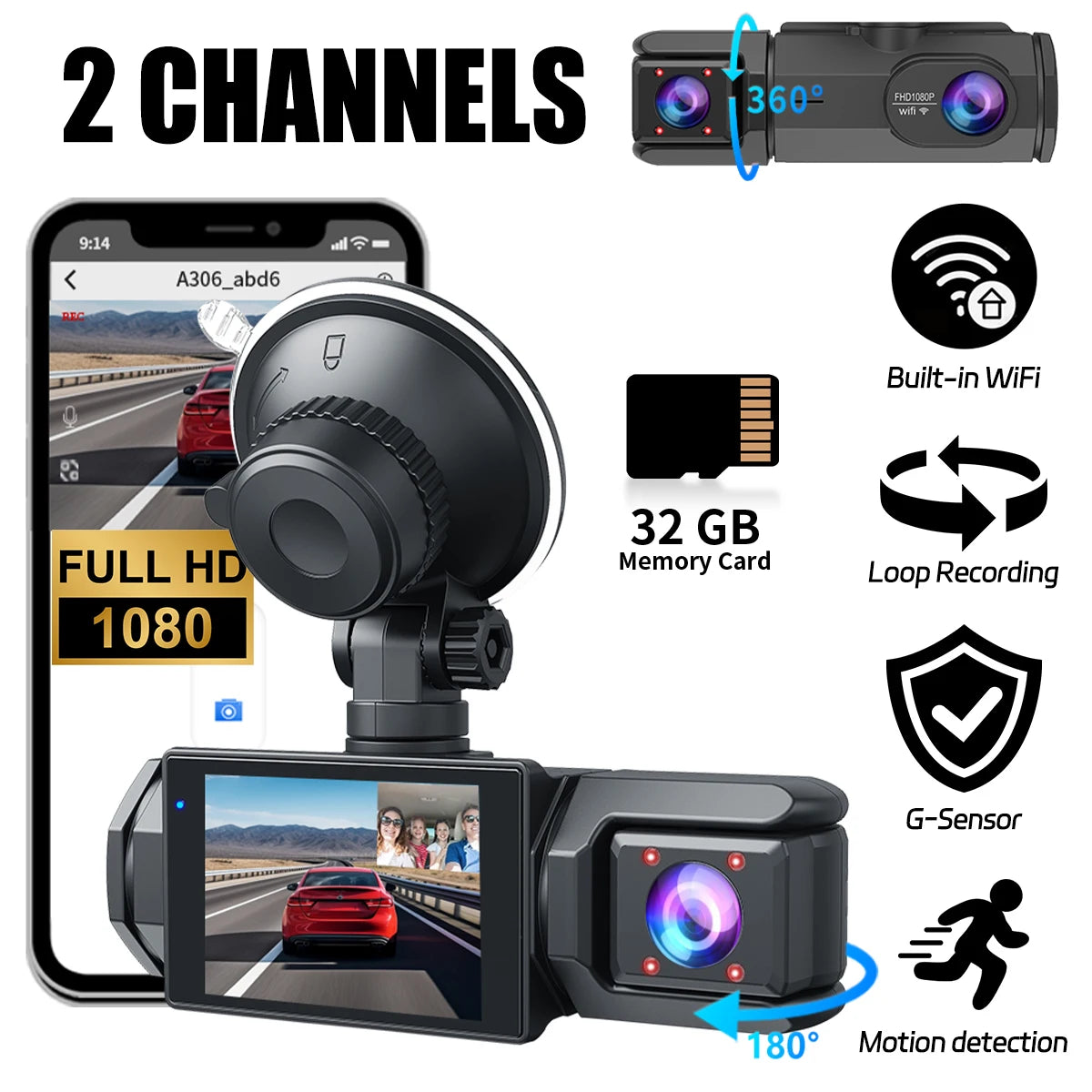 A 2 channel dash cam setup showing a camera mounted on a smartphone, with accessories for loop recording and motion detection