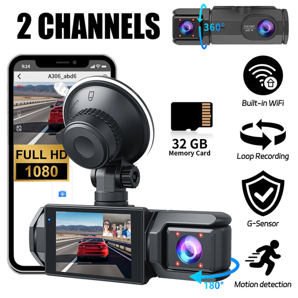 A 2 channel dash cam setup showing a camera mounted on a smartphone, with accessories for loop recording and motion detection