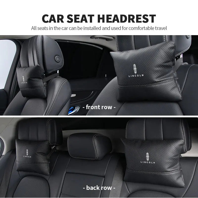 Black Lincoln car seat headrest neck support pillow installed in the front and back rows of a vehicle.