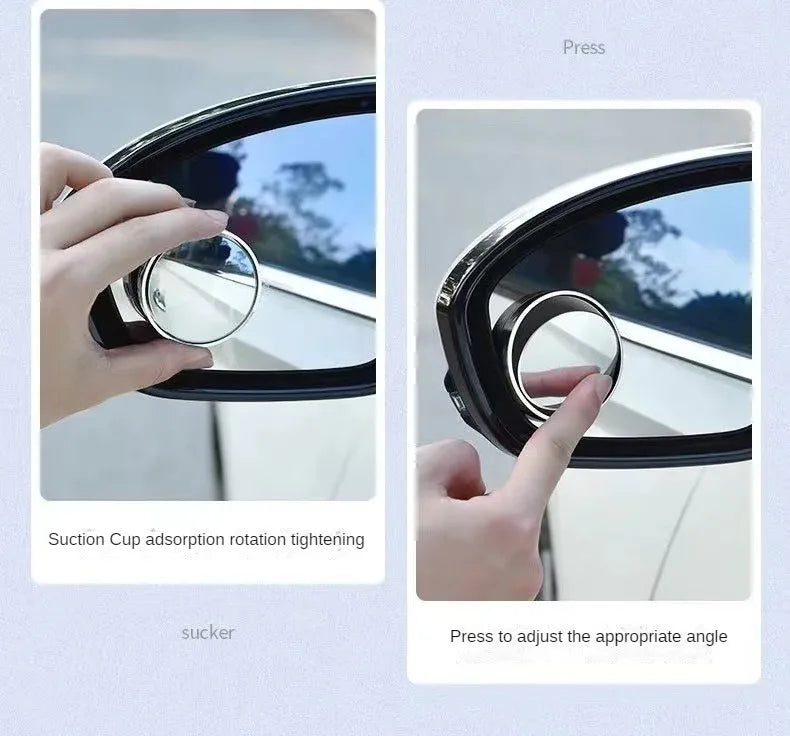 Hands demonstrate the suction cup adsorption rotation tightening of a 360 degree suction cup rearview mirror for blind spot.