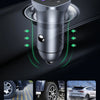 A silver car charger device is shown with various functions including speed bump, outdoor bad road, and brake or stop abruptl
