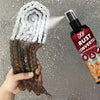 A hand holds a kit of rust converter spray and a metal polish, demonstrating the product for rust treatment.