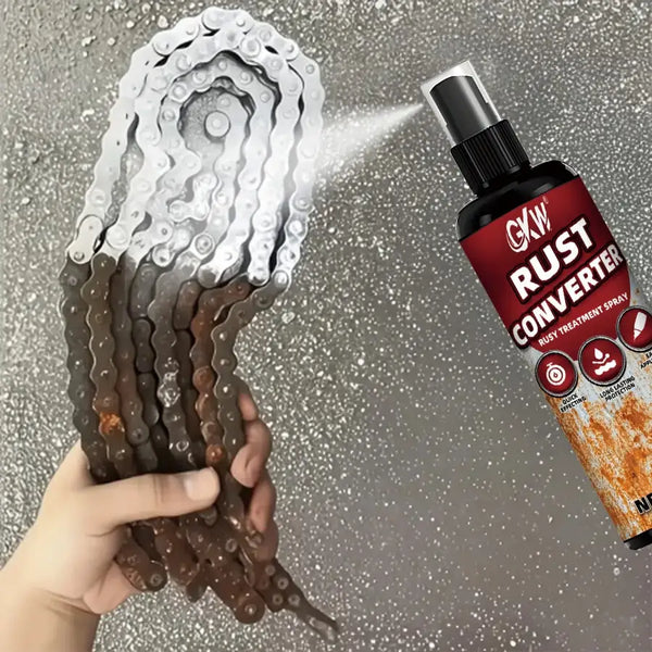 A hand holds a kit of rust converter spray and a metal polish, demonstrating the product for rust treatment.