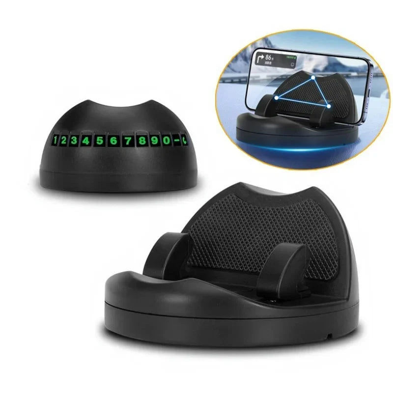 A black 360° rotating anti-slip car dashboard phone mount with a visible digital display and mounting mechanism.