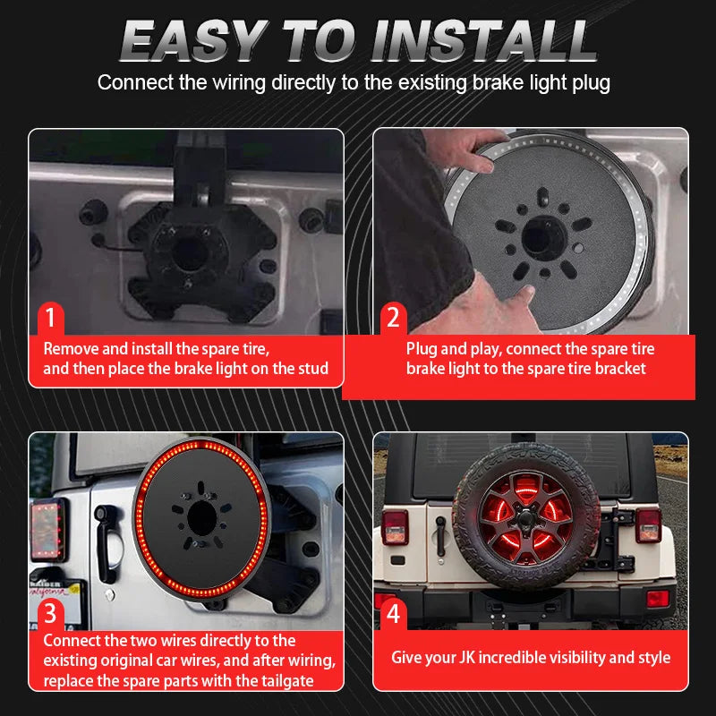 Installation guide showing how to connect a spare tire brake light to a Jeep Wrangler tailgate.
