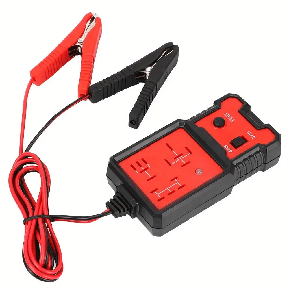 Tragbarer 12V Auto-Relais-Tester mit rotem Messstab und schwarzem Prüfgerät.