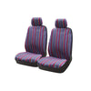 A set of striped universal seat covers designed for vans and trucks, featuring multi-colored vertical stripes.