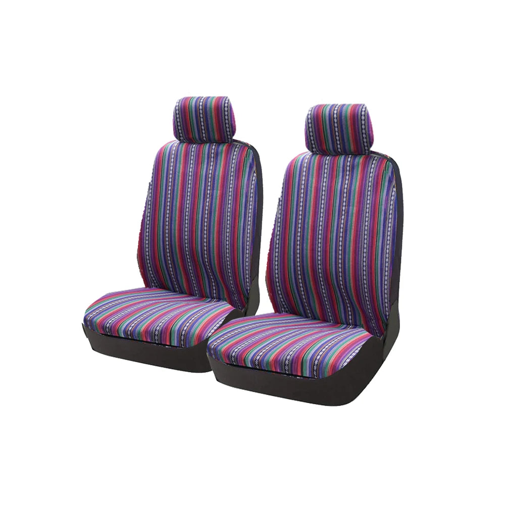 A set of striped universal seat covers designed for vans and trucks, featuring multi-colored vertical stripes.