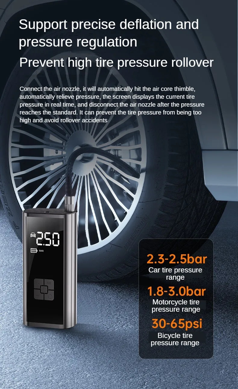 A portable tire inflator device is shown next to a car wheel, illustrating its function for precise deflation and pressure re