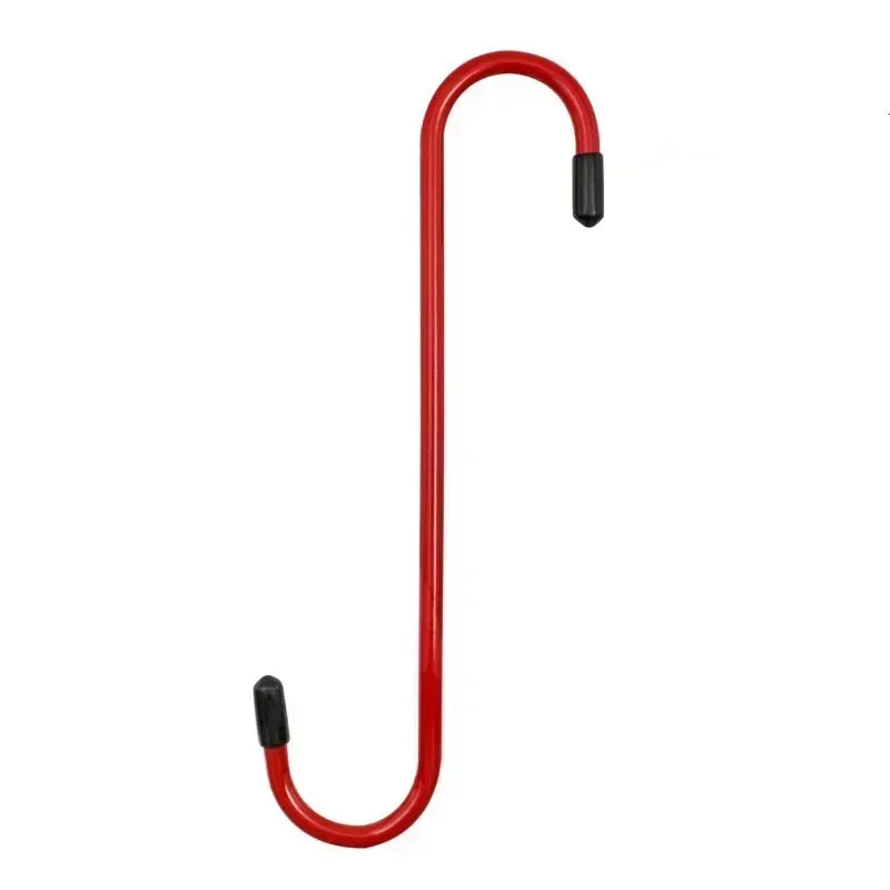 A red car brake caliper hanger with a curved hook design.