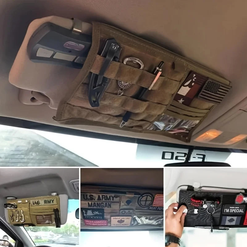 A tactical visor organizer with a MOLLE pouch is mounted in a car ceiling, showing various tools and gear.