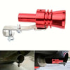 A red turbo sound simulator whistle is shown with a metal clamp, demonstrating its use for car exhaust sounds.