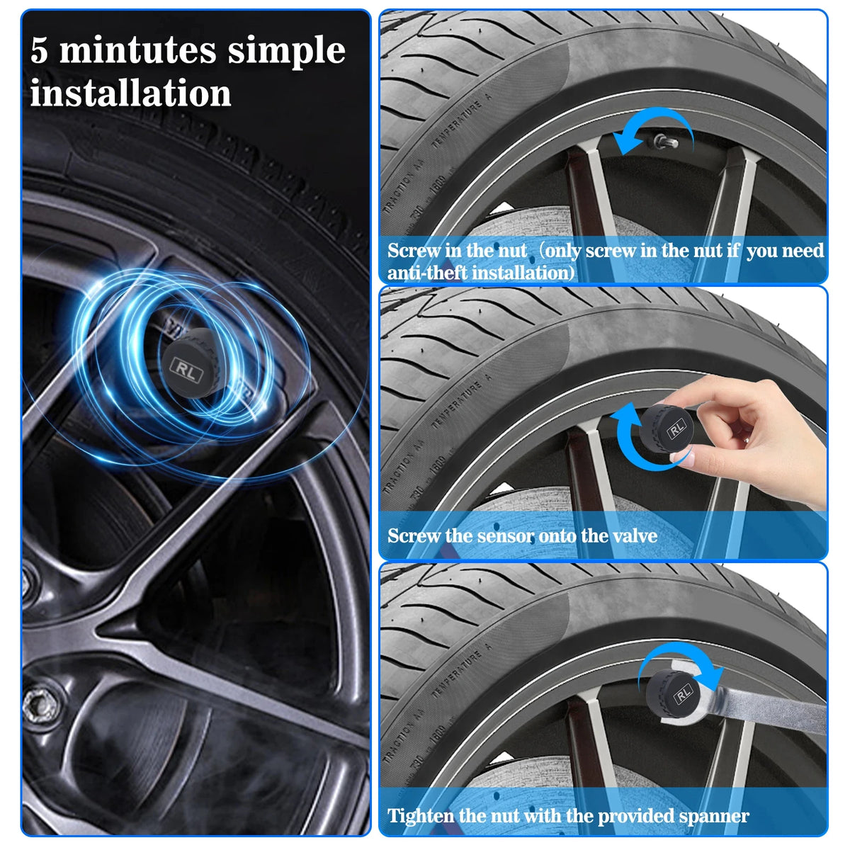 Instructions for 5-minute simple installation of a TPMS sensor into a tire valve stem.