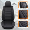 Black quilted PU leather car seat covers shown with features like airbag compatibility and 3D support design