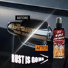 Before and after comparison showing rust removal on a car surface using a rust converter spray.