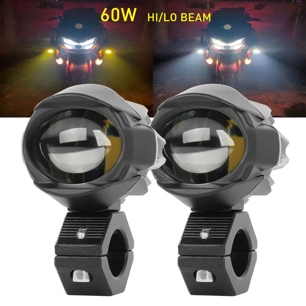A pair of 60W Hi/Lo beam LED auxiliary spotlights mounted on a base for motorcycles or vehicles.
