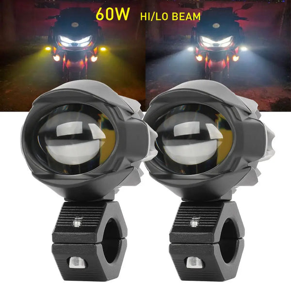A pair of 60W Hi/Lo beam LED auxiliary spotlights mounted on a base for motorcycles or vehicles.
