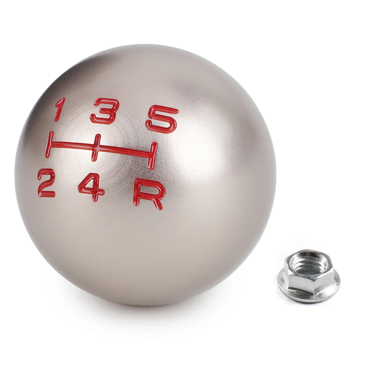 A silver aluminum gear shift knob with red markings 1, 3, 5, 2, 4, and R, shown next to the detached hex bolt.