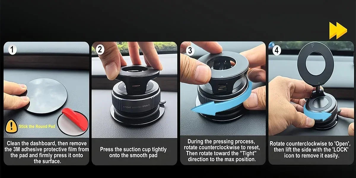 Anleitung zeigt, wie man den 360°-faltbaren magnetischen Handyhalter zum Ein- und Ausbau benutzt.